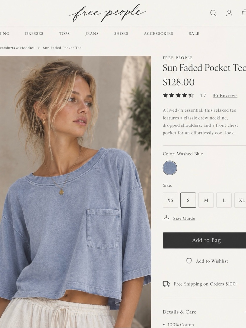 Free People Washed Blue Cropped Sun-Faded Pocket Tee